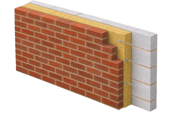 Cutaway of a facing-brick cavity wall with insulation and thermal-block inner leaf