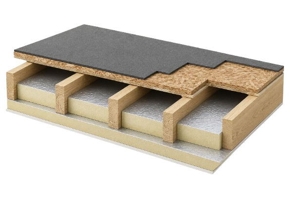 Cutaway of an insulated flat roof structure