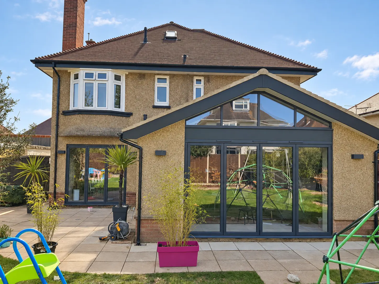 Completed gable-ended rear extension viewed from the garden