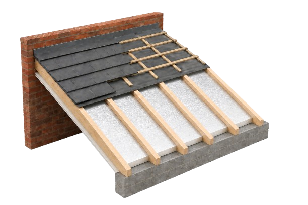 Cutaway of a pitched lean-to roof structure