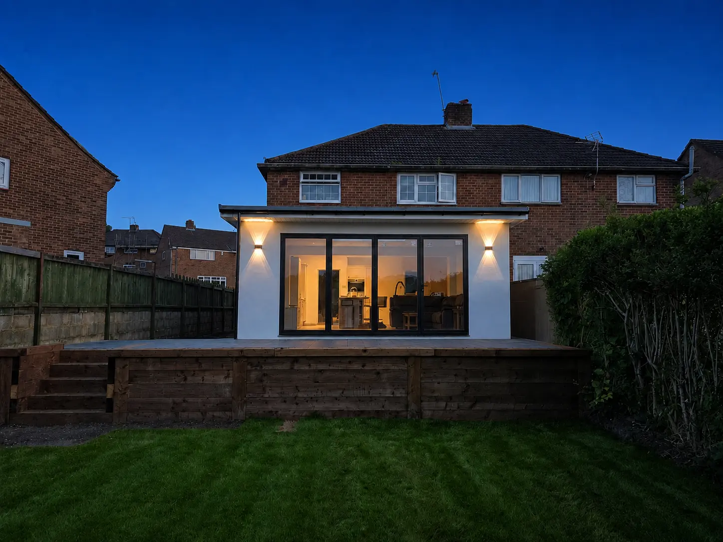Completed rear extension at dusk